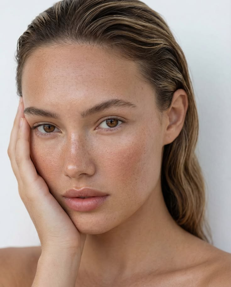 Wet-look hair, bare skin