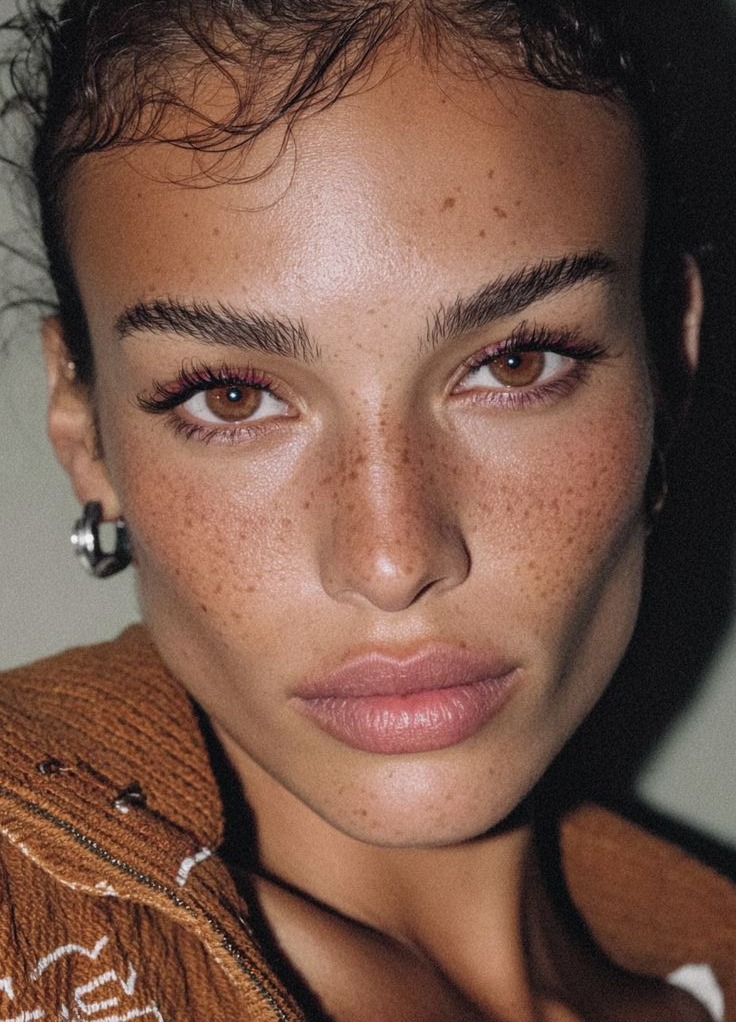 Freckles, brushed brows, bare skin