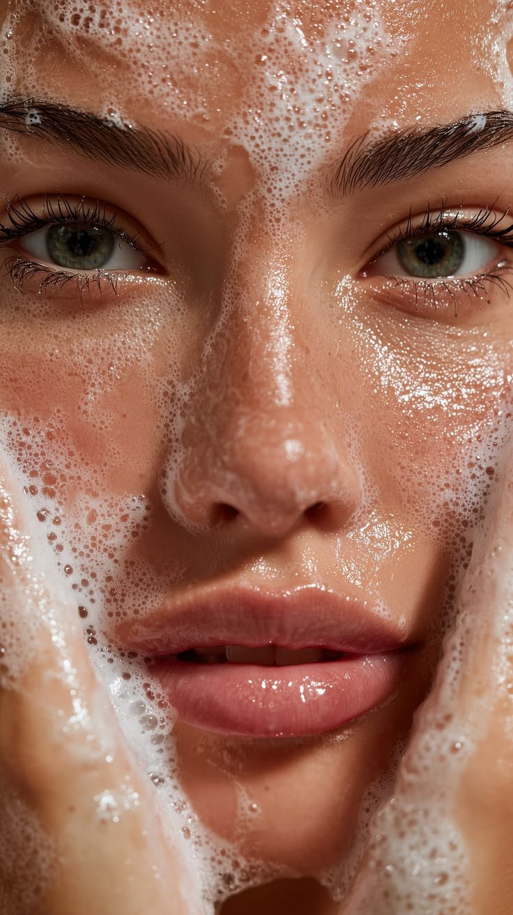 Foam wash close-up, green eyes