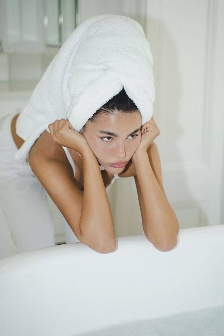 Towel-wrapped hair, quiet moment